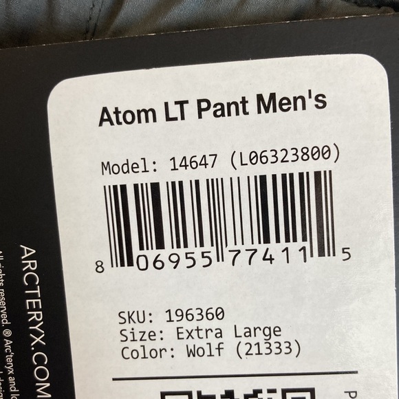 Arc'teryx Essentials NWT Atom LT Pants Wolf Grey Men’s  XL Ski Snow Winter Gorp - Picture 14 of 16
